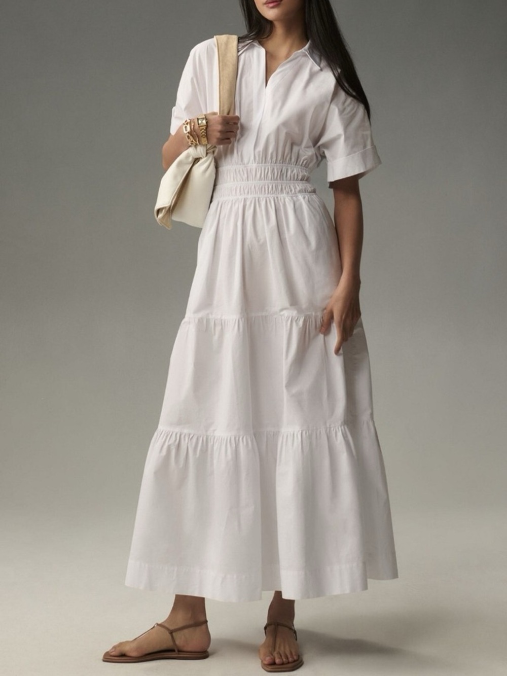 Anthropologie White Collared Tiered Maxi Dress